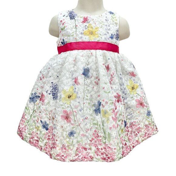 Blueberi Boulevard Child's Dress Size 18M White Stitched Flowers Pink Bow EUC - Picture 1 of 8
